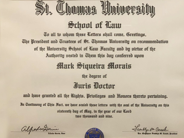 DIPLOMA DE DOUTORADO EM DIREITO NOS EUA (JURIS DOCTOR)